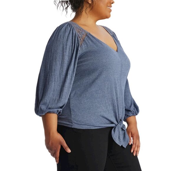 NWT Max Studio Lace Trim V Neck Front Tie Front Blouse Top - Picture 2 of 6